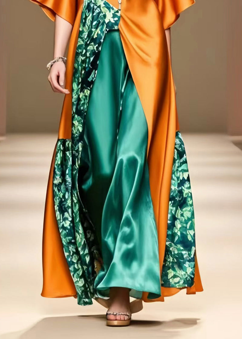Unique Caramel Asymmetrical Patchwork Silk Long Dress Summer