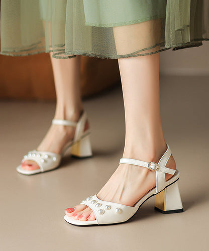 New Chunky Heel Pearl One Line French Open Toe Sandals
