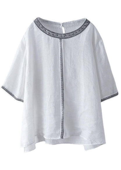 Natural Black O-neck Embroideried Summer Ramie Blouses Half Sleeve