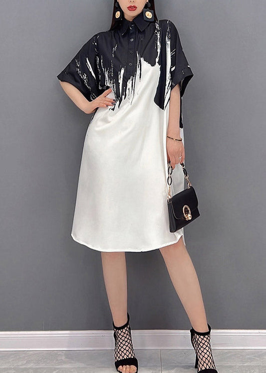 Black Peter Pan Collar Print Button Silk Dress Short Sleeve