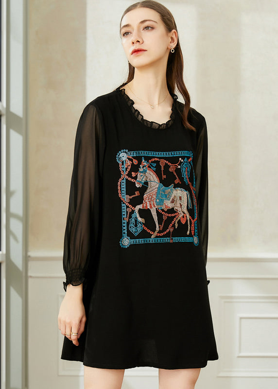 Black Ruffled Print Chiffon Holiday Dress Spring