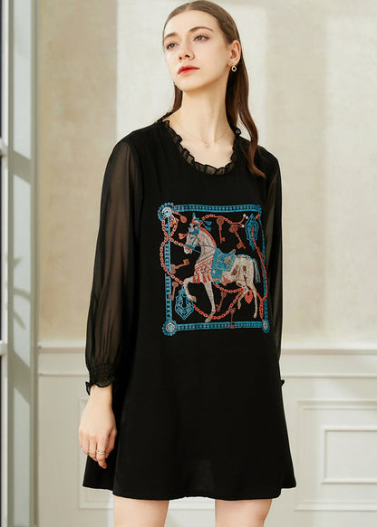 Black Ruffled Print Chiffon Holiday Dress Spring