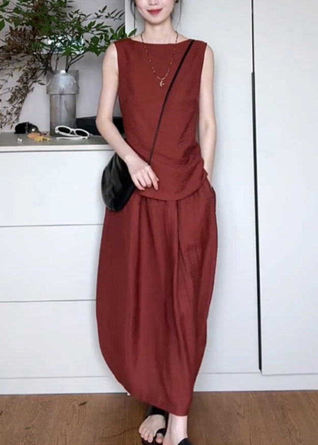 Red Pockets Top and Maxi Skirts Two Piece Set Sleeveless