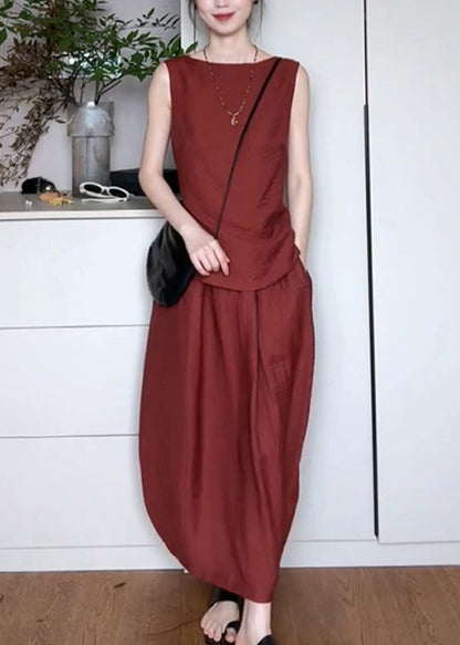 Red Pockets Top and Maxi Skirts Two Piece Set Sleeveless