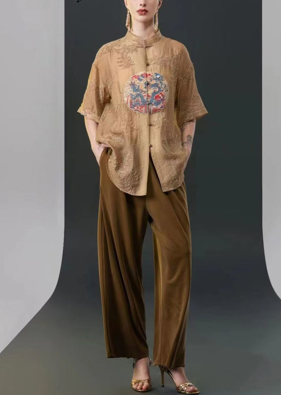 Chinese Style Beige Embroidered Button Silk Two-piece Set Summer