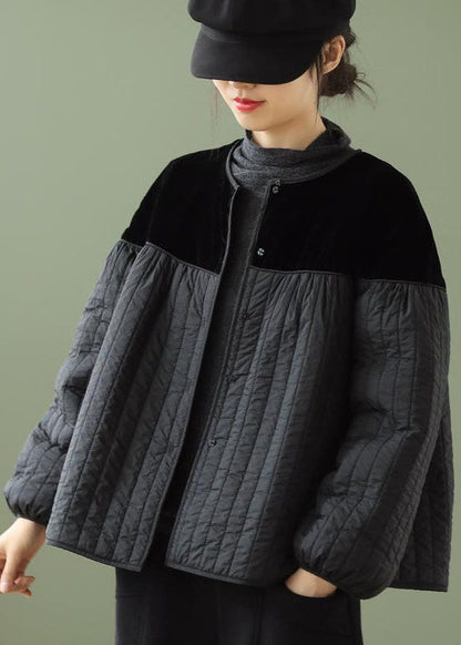 Black O-neck Button Patchwork Winter Jackets Long Sleeve