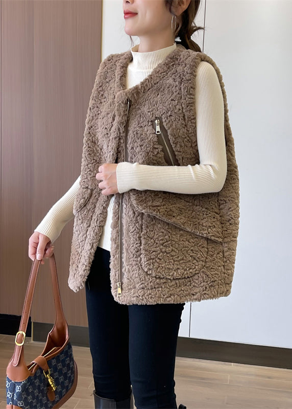 Handmade Khaki Zip Up Pockets Faux Fur Teddy Vests Winter