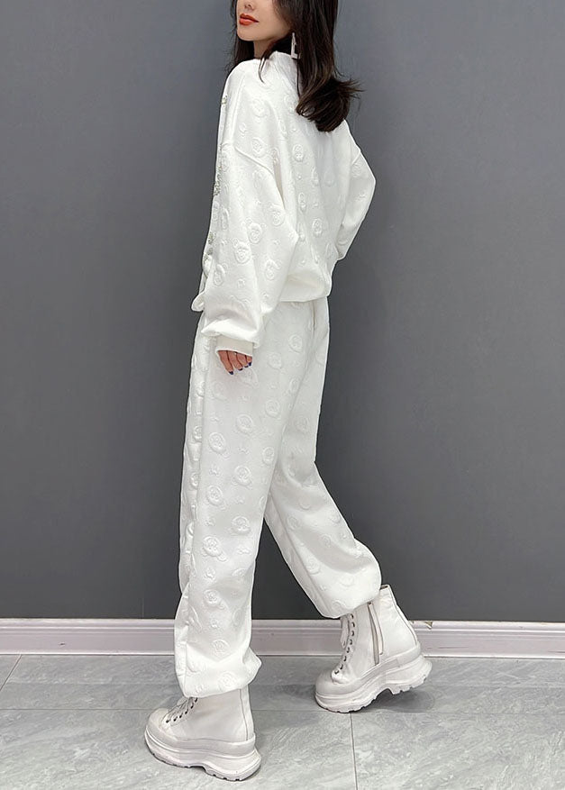 White Oversized Bear Jacquard Cotton Two Piece Set Fall