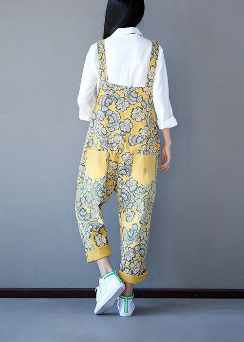 Yellow Patchwork Print Denim Jumpsuit Spring