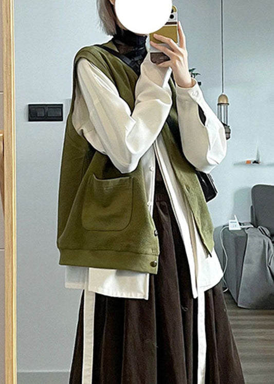 Army Green Stand Collar Button Cardigans and Shirts Two Piece Set Long Sleeve