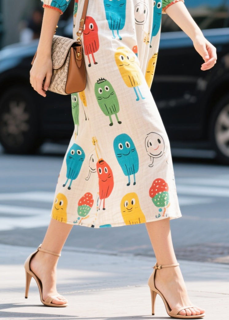White Character Print Cotton Dress Half Sleeve
