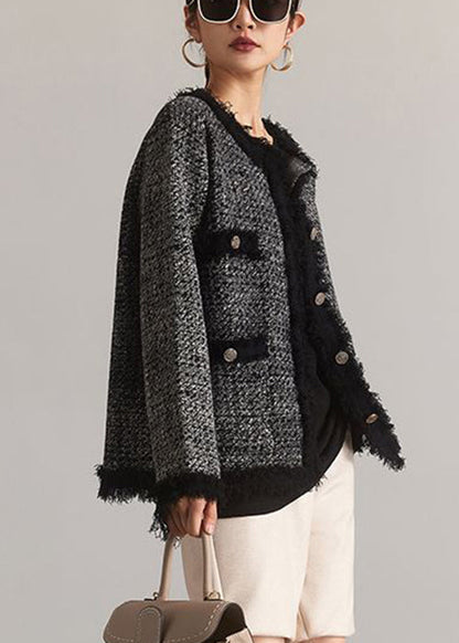 French Black O-neck Button Patchwork Cotton Coat Spring