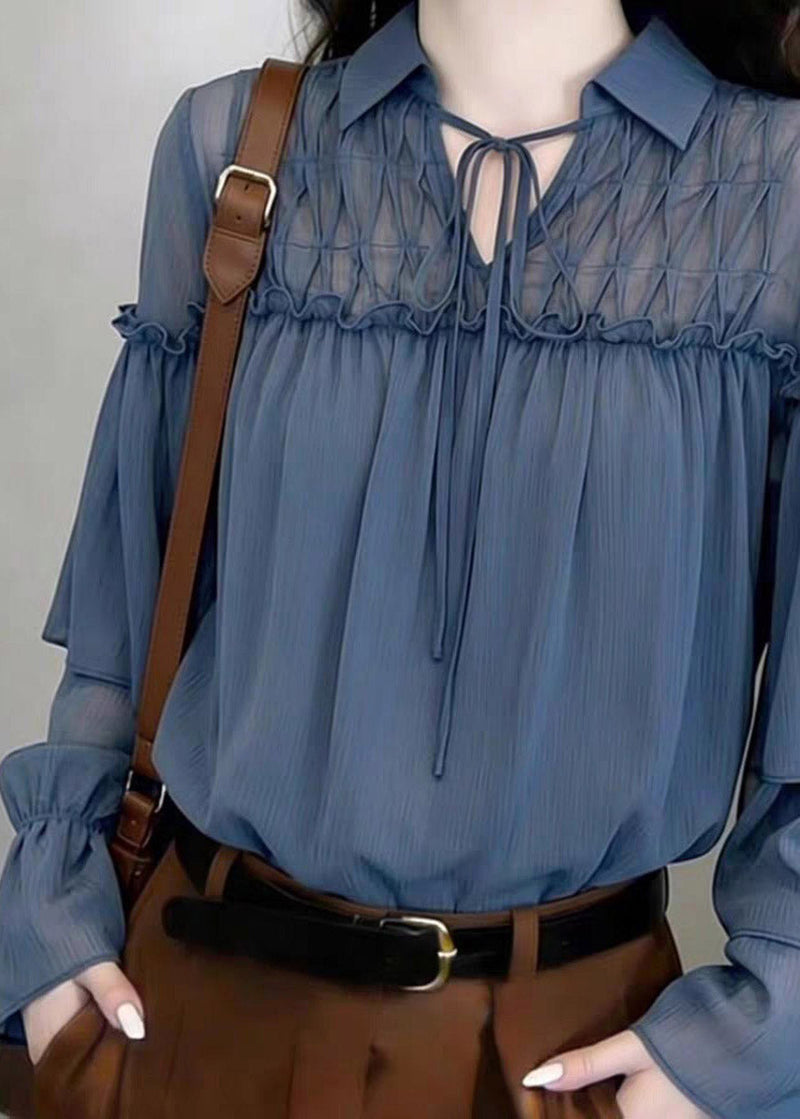 Style Blue Peter Pan Collar Ruffled Tie Lace Tops Flare Sleeve
