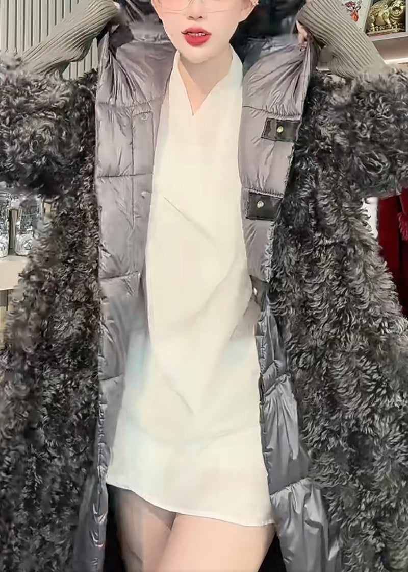 New Dark Gray Original Design Patchwork Leather and Fur Coats