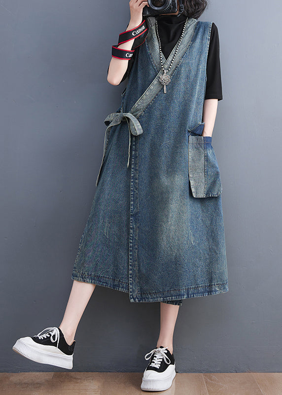 Blue V Neck Asymmetrical Patchwork Tie Waist Denim Long Dresses Sleeveless