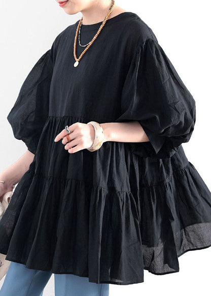 Black O Neck Wrinkled Patchwork Cotton Shirt Top Lantern Sleeve