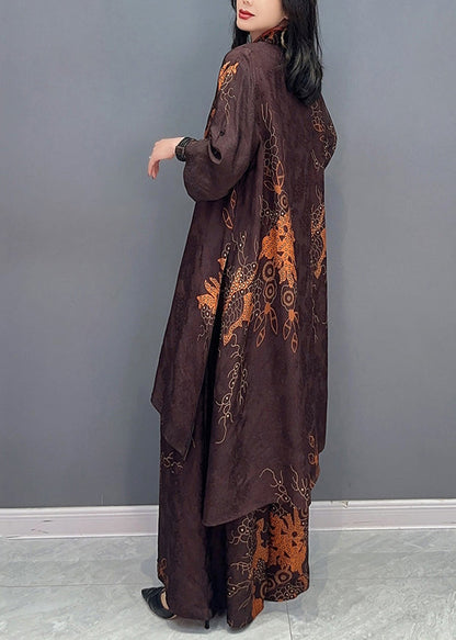 Brown Stand Collar Print Patchwork Silk Two Piece Set Outfits Fall