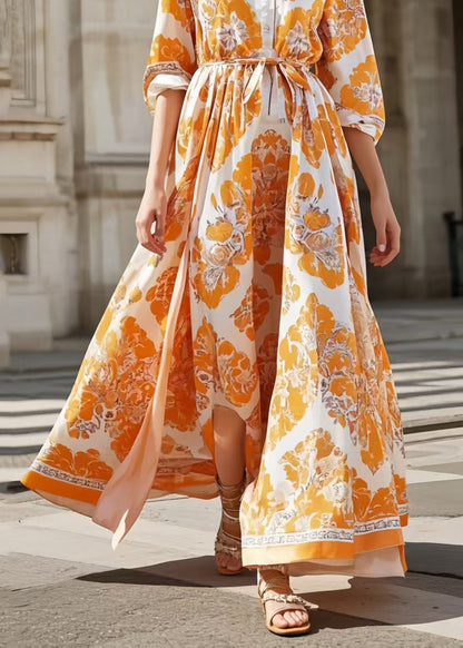 Orange Print Exra Large Hem Silk Tunic Dress Spring