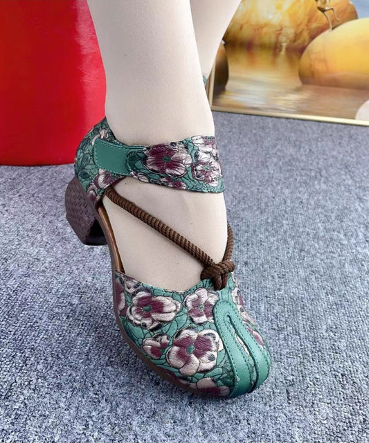 Style Retro Green Cowhide Leather Hollow Out Embossed Sandals