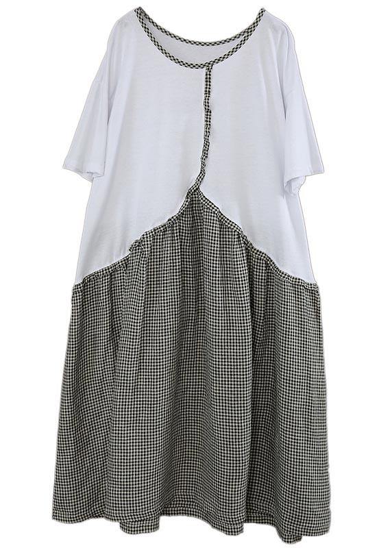 Organic White Patchwork Plaid Cotton Linen Holiday Dress Summer
