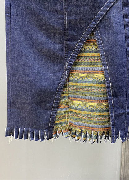 Boutique Navy Asymmetrical Print Patchwork Tassel Denim Skirts