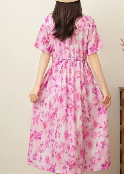 Pink Print Ruffled Patchwork Drawstring Silk Linen Long Dress Short Sleeve
