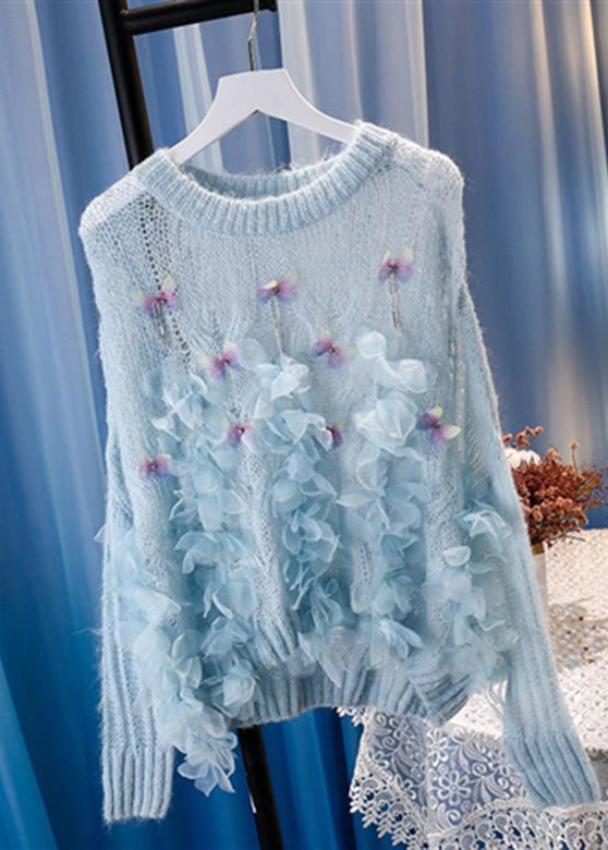 Blue Patchwork Nail Bead Cotton Knit Sweaters Winter