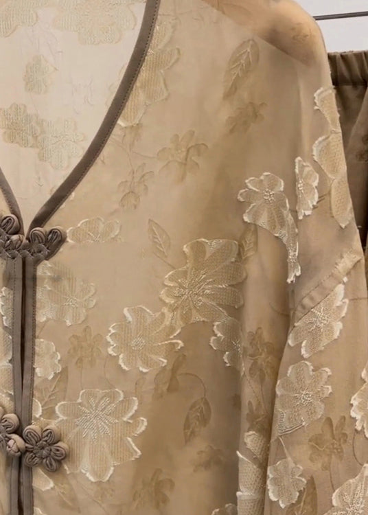 Khaki V Neck Print Chinese Button Silk Sets 2 Pieces Fall