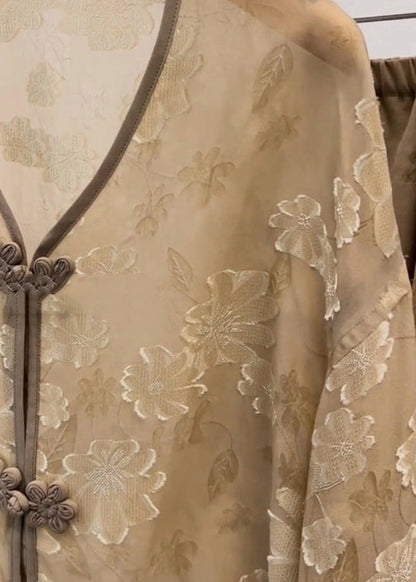 Khaki V Neck Print Chinese Button Silk Sets 2 Pieces Fall