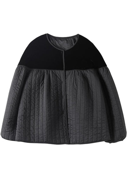 Black O-neck Button Patchwork Winter Jackets Long Sleeve