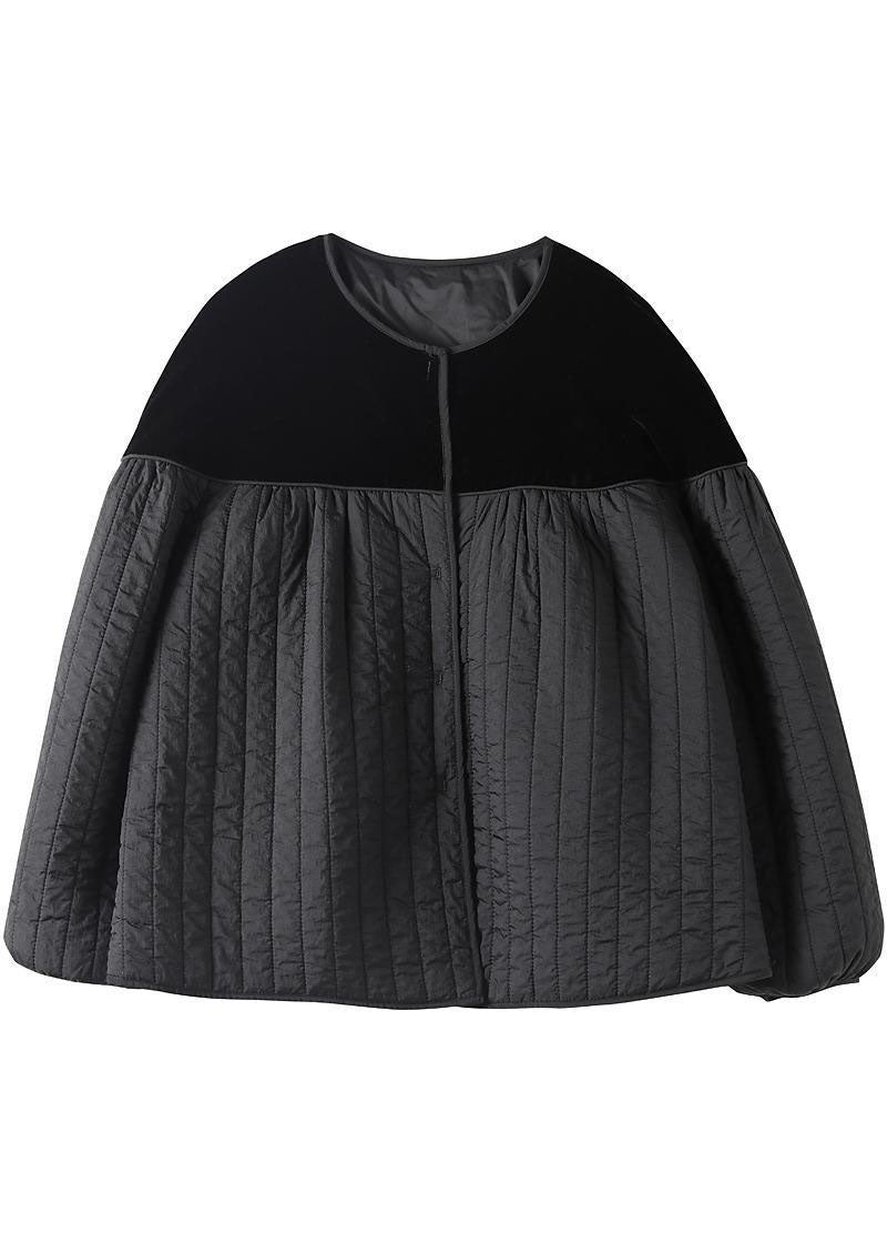 Black O-neck Button Patchwork Winter Jackets Long Sleeve