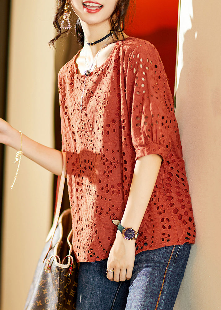 Brick Red O Neck Hollow Out Cotton T Shirt Half Sleeve