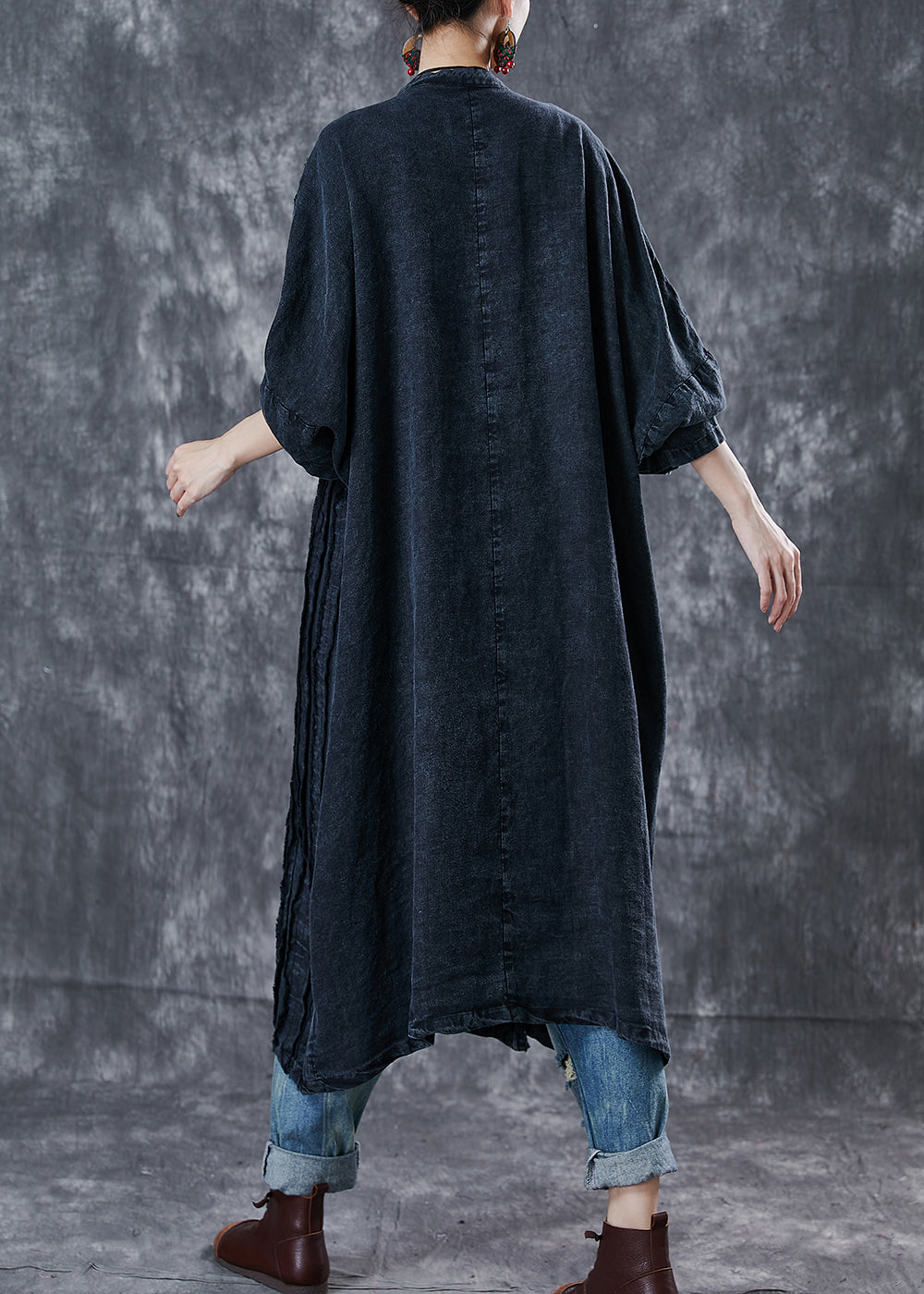 Black Oversized Wrinkled Denim Oriental Dress Spring