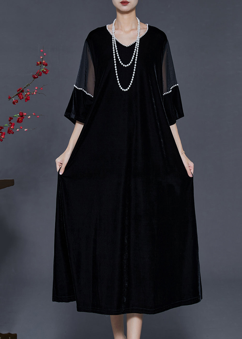 Black Oversized Patchwork Nail Bead Silk Velour Dress Spring
