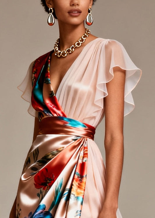 Champagne Asymmetrical Print Silk Evening Dress Butterfly Sleeve