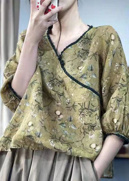 Green V Neck Ruffled Leaf Print Linen Shirts Lantern Sleeve
