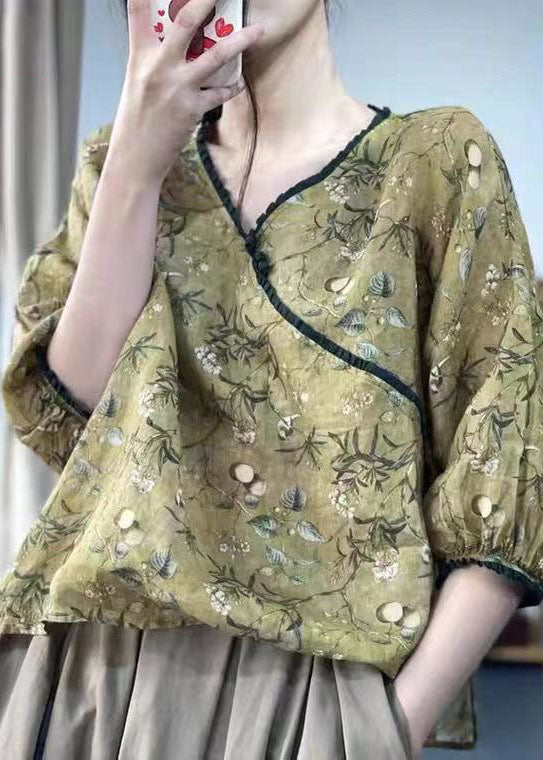 Green V Neck Ruffled Leaf Print Linen Shirts Lantern Sleeve