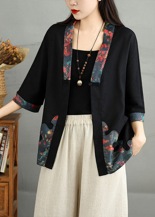 Black V Neck Print Button Cotton Cardigans Fall