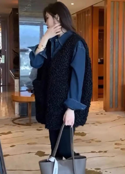 Black Oversized Faux Fur Vests and Denim Shirts Two Pieces Set Winter