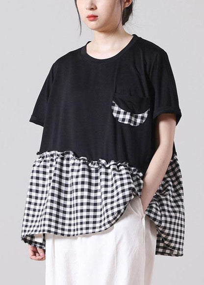 Fine Black Patchwork Asymmetrical Design Ruffled Cotton Short Sleeve Summer Shirt Top