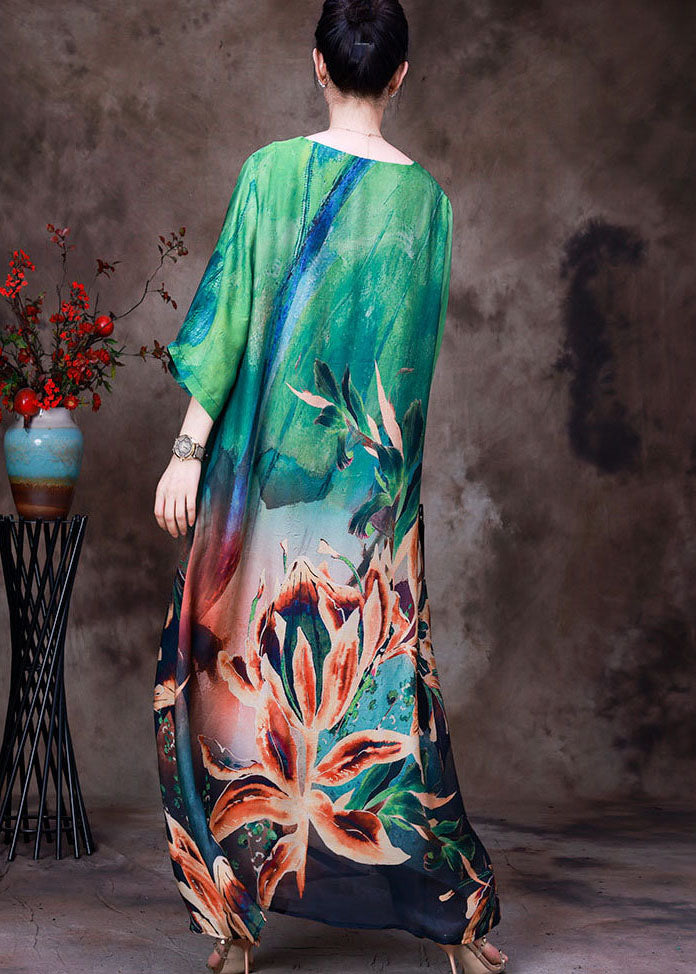 Green O-neck Oversized Print Pockets Silk Beach Dresses Bracelet Sleeve