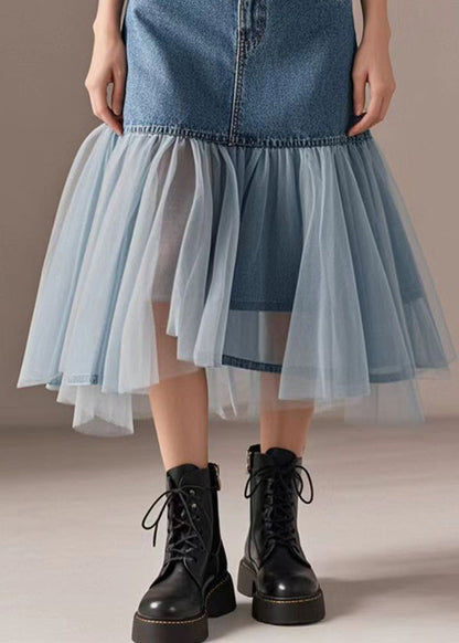 Blue Wraped Patchwork Tulle Denim Skirts Spring