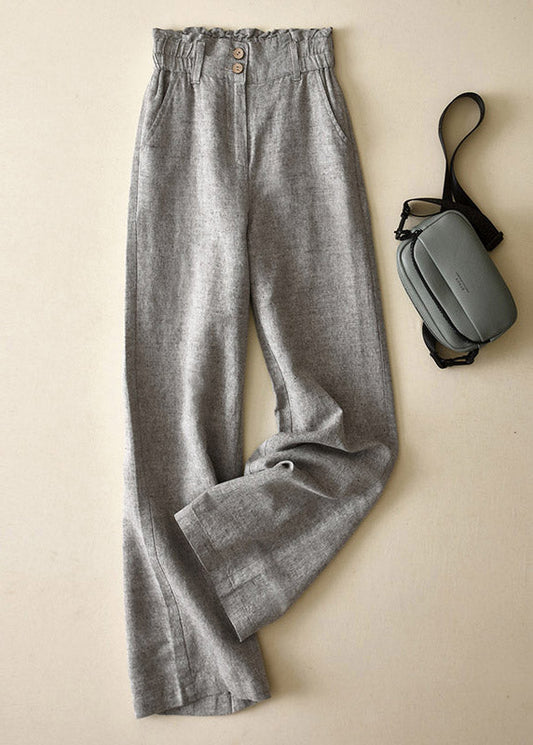 Grey High Waist Button Linen Straigh Pants Summer