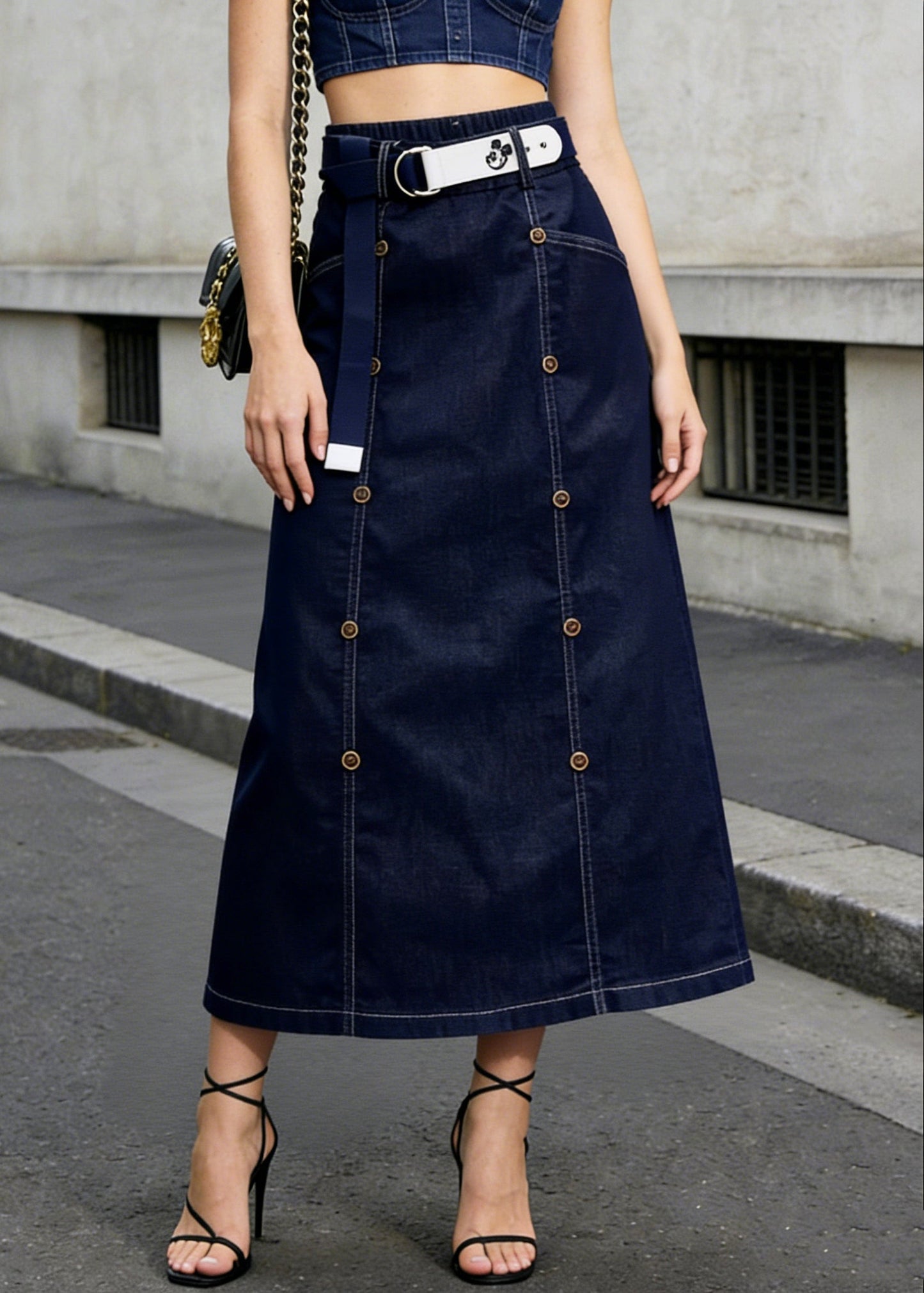 Modern Navy Double Breast Denim a Line Skirt Summer