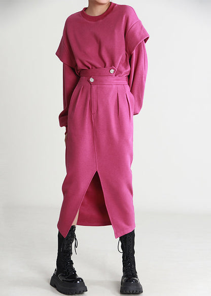 Rose O Neck Side Open Cotton Two Pieces Set Long Sleeve