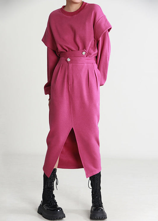 Rose O Neck Side Open Cotton Two Pieces Set Long Sleeve