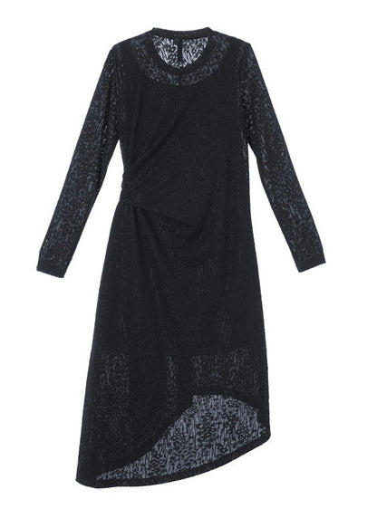 Style Black O-neck Hollow Out Low High Design Lace Long Dress Long Sleeve