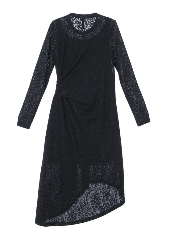 Style Black O-neck Hollow Out Low High Design Lace Long Dress Long Sleeve