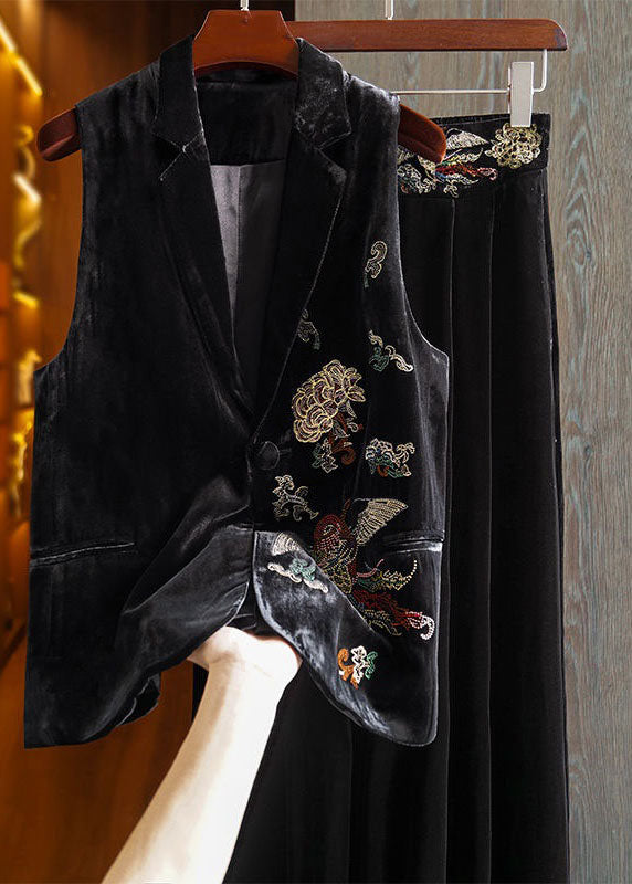 Black Peter Pan Collar Embroideried Velour Two Pieces Set Spring