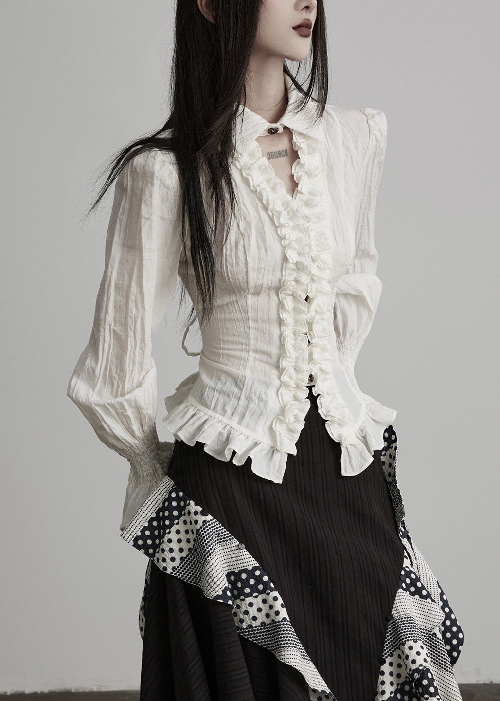 French White Ruffled Cinched Cotton Shirt Top Spring